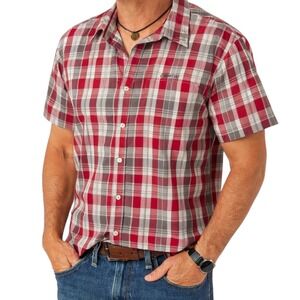 Marmot Men's Plaid Short Sleeve Button Shirt Sz L Red White Gray‎ Organic Cotton